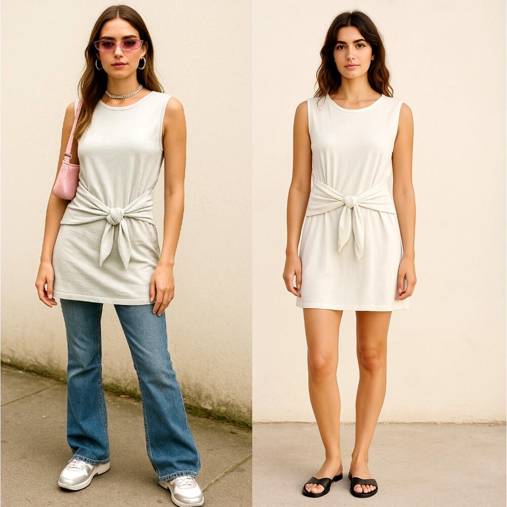 Contempo Casuals S Vintage Y2K Cotton Tie Waist T-shirt Dress Scoop Neck White